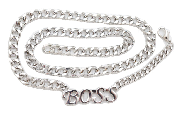 Brand New Women Silver Metal Chain Links Band Belt Hip High Waist BOSS Charm Size M L XL
