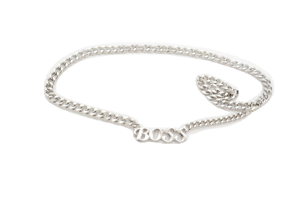 Brand New Women Silver Metal Chain Links Urban Fashion Hip Waist Belt BOSS Charm XS S M