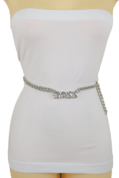 Brand New Women Silver Metal Chain Links Urban Fashion Hip Waist Belt BOSS Charm XS S M