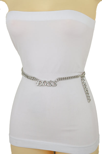 Brand New Women Silver Metal Chain Links Urban Fashion Hip Waist Belt BOSS Charm XS S M
