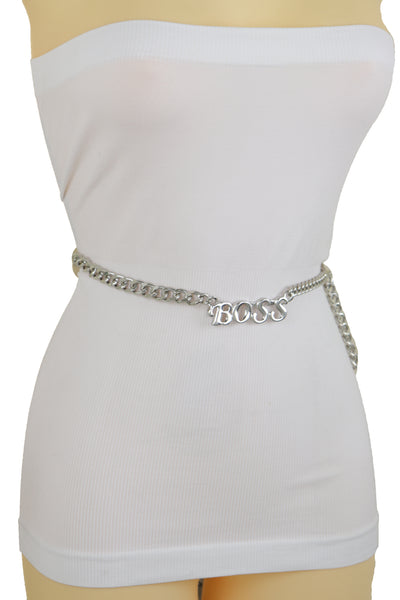 Brand New Women Silver Metal Chain Links Urban Fashion Hip Waist Belt BOSS Charm XS S M