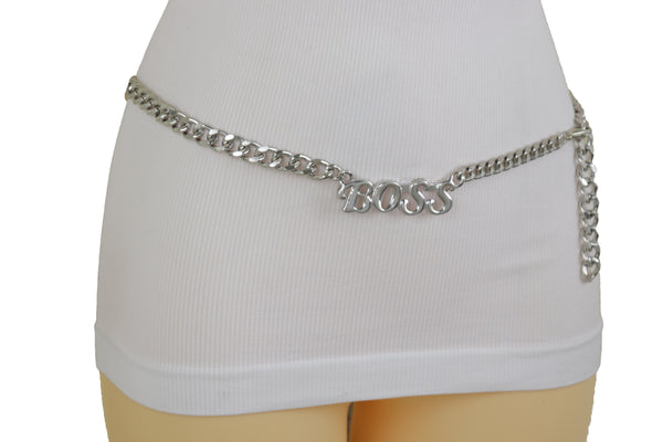 Brand New Women Silver Metal Chain Links Urban Fashion Hip Waist Belt BOSS Charm XS S M