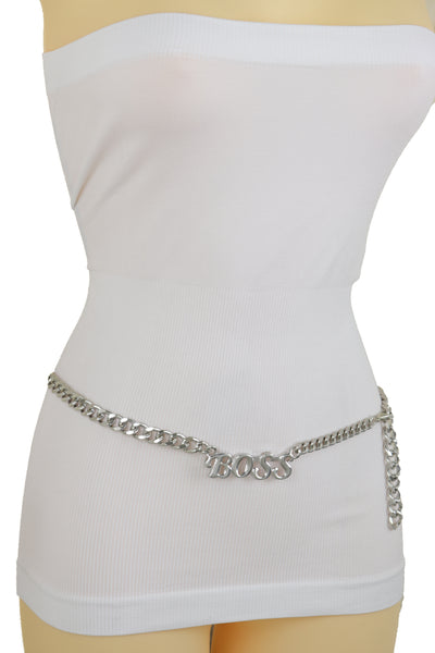 Brand New Women Silver Metal Chain Links Urban Fashion Hip Waist Belt BOSS Charm XS S M