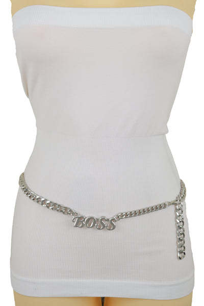 Brand New Women Silver Metal Chain Links Urban Fashion Hip Waist Belt BOSS Charm XS S M