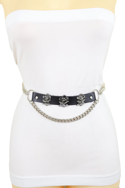 Brand New Women Silver Metal Chain Fashion Belt Hip High Waist Rose Flower Charms Size XS S M