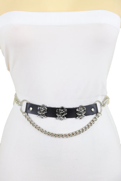 Brand New Women Silver Metal Chain Fashion Belt Hip High Waist Rose Flower Charms Size XS S M