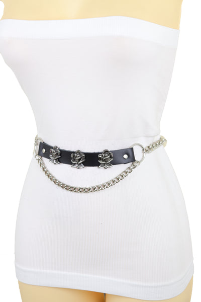 Brand New Women Silver Metal Chain Fashion Belt Hip High Waist Rose Flower Charms Size XS S M