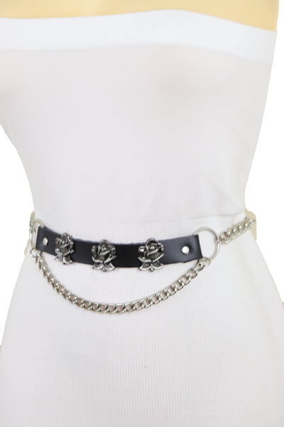 Brand New Women Silver Metal Chain Fashion Belt Hip High Waist Rose Flower Charms Size XS S M