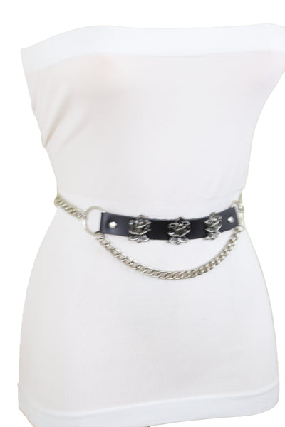 Brand New Women Silver Metal Chain Fashion Belt Hip High Waist Rose Flower Charms Size XS S M