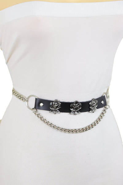 Brand New Women Silver Metal Chain Fashion Belt Hip High Waist Rose Flower Charms Size XS S M