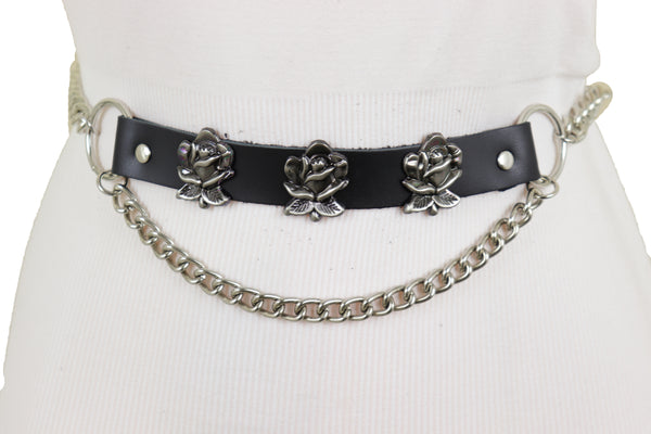 Brand New Women Silver Metal Chain Fashion Belt Hip High Waist Rose Flower Charms Size XS S M