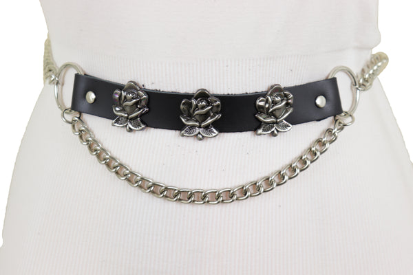 Brand New Women Silver Metal Chain Fashion Belt Hip High Waist Rose Flower Charms Size XS S M