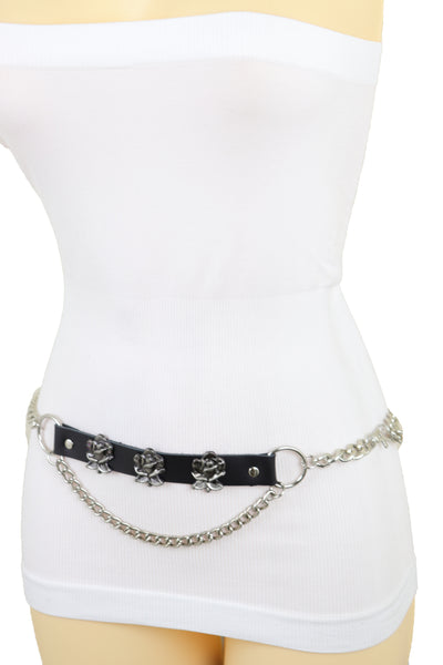 Brand New Women Silver Metal Chain Fashion Belt Hip High Waist Rose Flower Charms Size XS S M