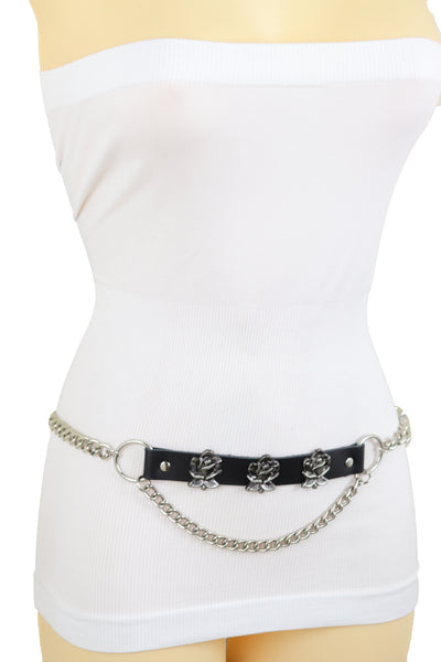 Brand New Women Silver Metal Chain Fashion Belt Hip High Waist Rose Flower Charms Size XS S M