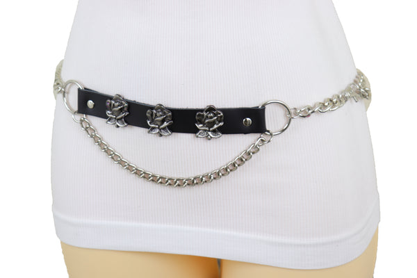 Brand New Women Silver Metal Chain Fashion Belt Hip High Waist Rose Flower Charms Size XS S M