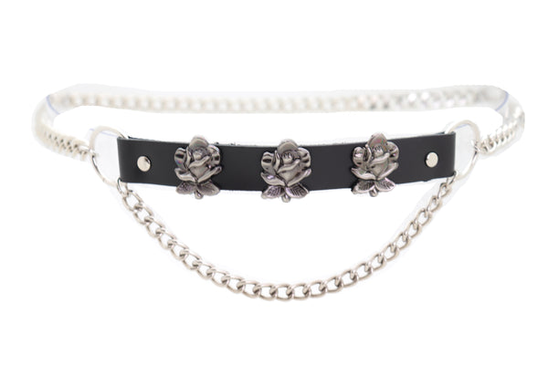 Brand New Women Silver Metal Chain Fashion Belt Hip High Waist Rose Flower Charms Size XS S M