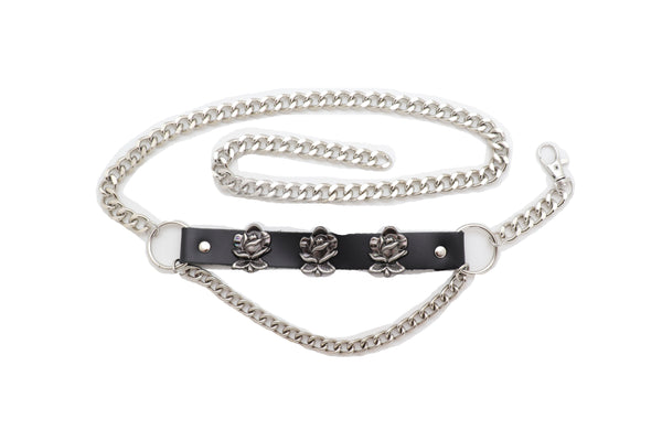 Brand New Women Silver Metal Chain Fashion Belt Hip High Waist Rose Flower Charms Size XS S M