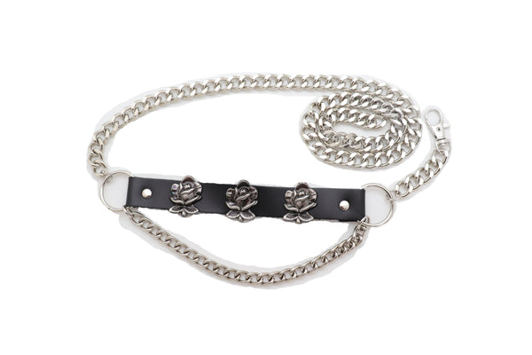 Brand New Women Silver Metal Chain Fashion Belt Hip High Waist Rose Flower Charms Size XS S M