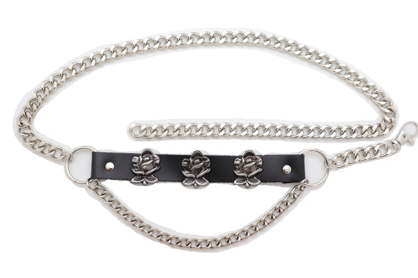 Brand New Women Silver Metal Chain Fashion Belt Hip High Waist Rose Flower Charms Size XS S M