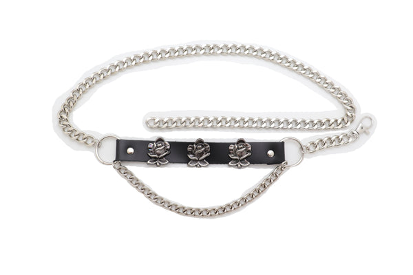 Brand New Women Silver Metal Chain Fashion Belt Hip High Waist Rose Flower Charms Size XS S M