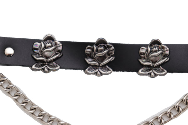 Brand New Women Silver Metal Chain Fashion Belt Hip High Waist Rose Flower Charms Size XS S M