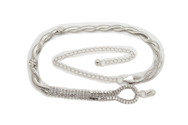 Brand New Women Silver Metal Chain Flowers Charms Belt Hip High Waist Fit Size S M