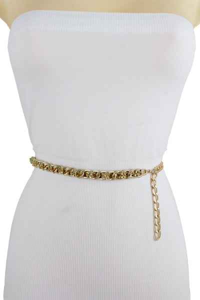 New Women Gold Metal Chain Links Mesh Bling Fashion Belt Skinny Waistband Fit XS S M