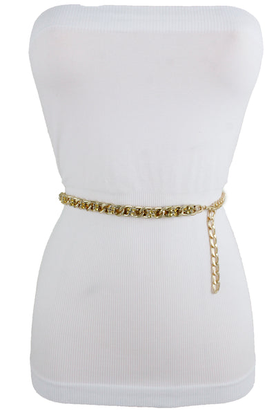 New Women Gold Metal Chain Links Mesh Bling Fashion Belt Skinny Waistband Fit XS S M