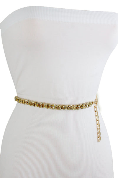 New Women Gold Metal Chain Links Mesh Bling Fashion Belt Skinny Waistband Fit XS S M