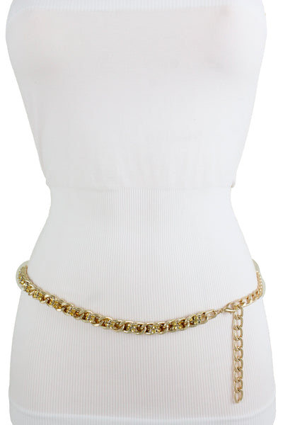 New Women Gold Metal Chain Links Mesh Bling Fashion Belt Skinny Waistband Fit XS S M