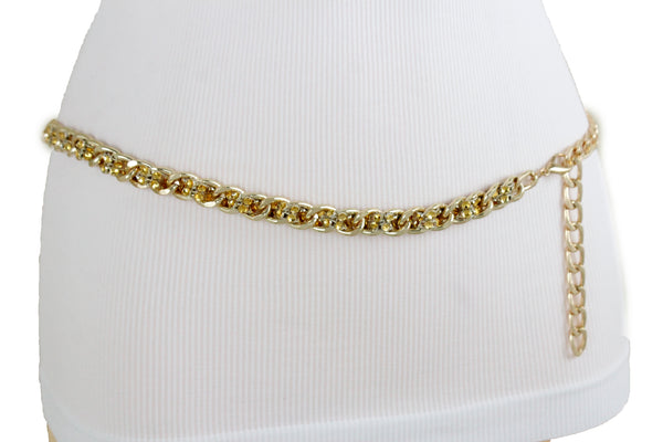New Women Gold Metal Chain Links Mesh Bling Fashion Belt Skinny Waistband Fit XS S M