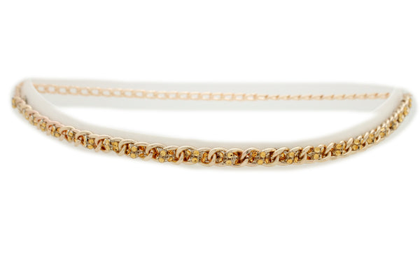 New Women Gold Metal Chain Links Mesh Bling Fashion Belt Skinny Waistband Fit XS S M
