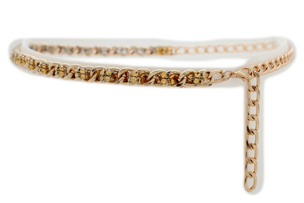 New Women Gold Metal Chain Links Mesh Bling Fashion Belt Skinny Waistband Fit XS S M
