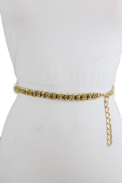 New Women Gold Metal Chain Links Mesh Bling Fashion Belt Skinny Waistband Fit XS S M