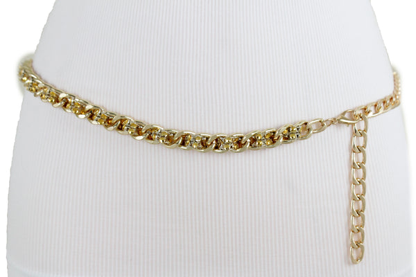 New Women Gold Metal Chain Links Mesh Bling Fashion Belt Skinny Waistband Fit XS S M