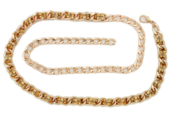 New Women Gold Metal Chain Links Mesh Bling Fashion Belt Skinny Waistband Fit XS S M