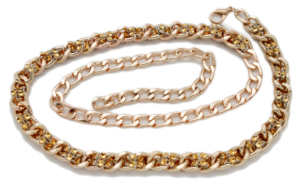New Women Gold Metal Chain Links Mesh Bling Fashion Belt Skinny Waistband Fit XS S M