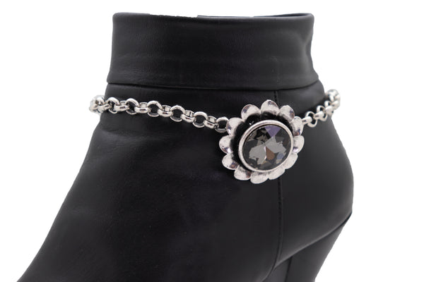 Brand New Women Silver Metal Chain Western Boot Bracelet Shoe Anklet Bling Flower Charm