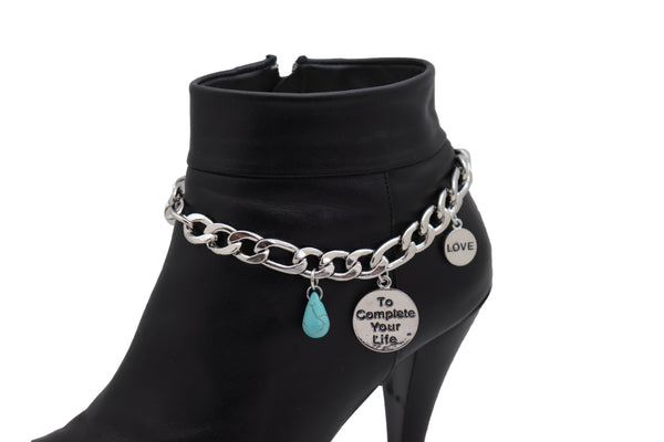 Women Silver Metal Chain Boot Bracelet Shoe Anklet Charm Love Complete Life