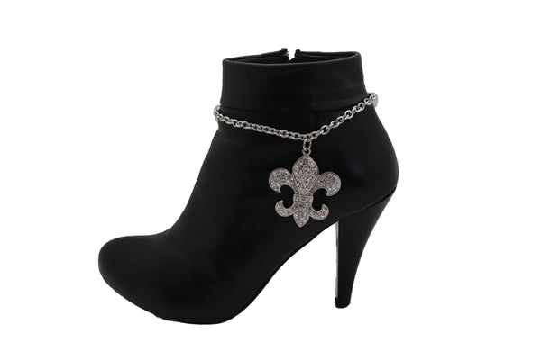 Brand New Women Silver Metal Boot Chain Strap Bracelet Shoe Fleur De Lis Lily Charm Anklet