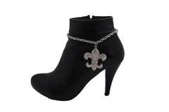 Silver Metal Boot Chain Strap Bracelet Shoe Fleur De Lis Lily Charm