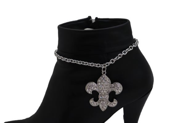 Brand New Women Silver Metal Boot Chain Strap Bracelet Shoe Fleur De Lis Lily Charm Anklet