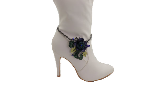 Brand New Women Black Metal Chains Boot Bracelet Shoe Blue Green Flower Charm Cute Jewelry