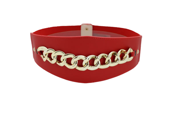 Brand New Women Red Faux Leather High Waist Hip Corset Cinch Elastic Belt Gold Chain S M