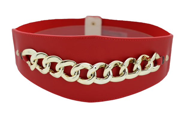 Brand New Women Red Faux Leather High Waist Hip Corset Cinch Elastic Belt Gold Chain S M