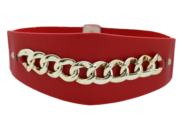 Brand New Women Red Faux Leather High Waist Hip Corset Cinch Elastic Belt Gold Chain S M
