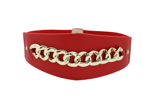 Brand New Women Red Faux Leather High Waist Hip Corset Cinch Elastic Belt Gold Chain S M