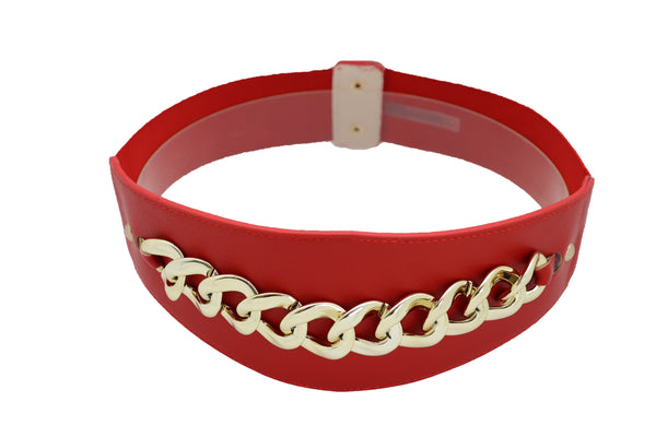 Brand New Women Red Faux Leather High Waist Hip Corset Cinch Elastic Belt Gold Chain S M