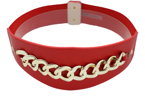 Brand New Women Red Faux Leather High Waist Hip Corset Cinch Elastic Belt Gold Chain S M
