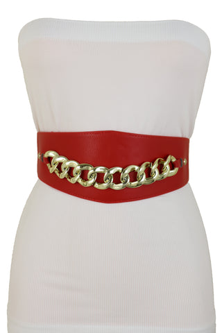 Brand New Women Red Faux Leather High Waist Hip Corset Cinch Elastic Belt Gold Chain S M